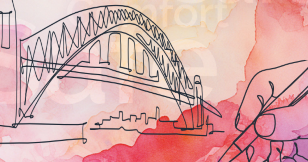 A line drawing of the Tyne Bridge in Newcastle with a line drawing of a hand holding a pen next to it